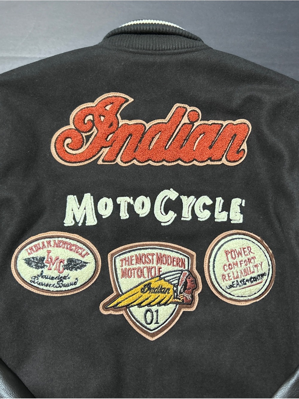 Vintage Indian Motorcycle Leather Sleeve Varsity Bomber Jacket Black L Patches - Picture 14 of 16